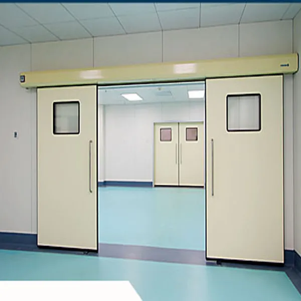 Airtight medical automatic sliding door with vision window and 200mm anti-collision strip in a cleanroom hospital corridor.