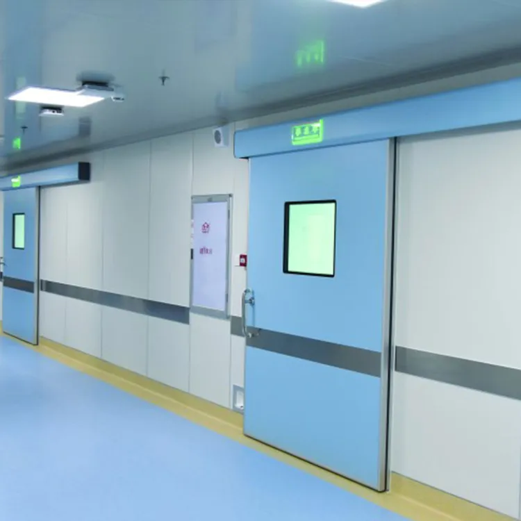 Blue hermetic automatic sliding medical door with glass window and stainless steel crash strip in a hospital corridor.